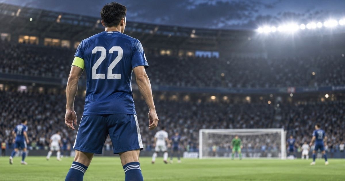 背番号22の青いユニフォームを着たサッカー選手が、スタジアムで守備位置からピッチを見つめる様子