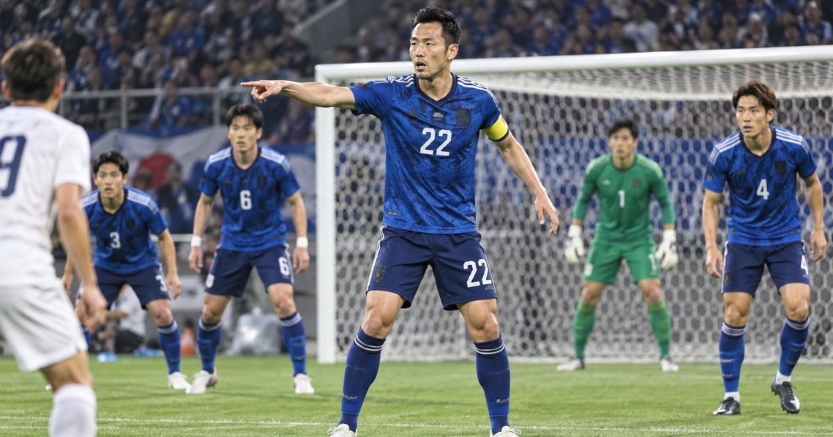 自陣ゴール前で背番号22のサッカー選手が味方DFへ指示を出し、守備ラインを統率する場面