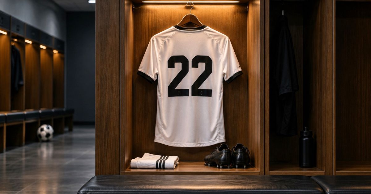 ロッカールームの木製ロッカーに掛けられた、背番号22のサッカーユニフォーム