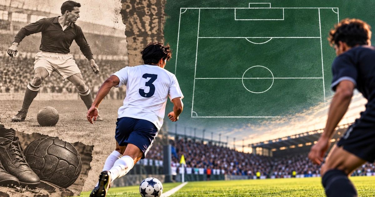 背番号3の選手が左サイドを駆け上がり、昔のサッカー写真とフォーメーション図を重ねて背番号3の歴史を表現したイメージ