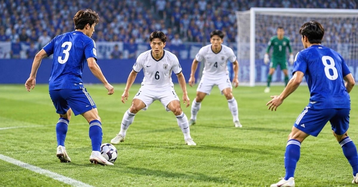 背番号3の青いユニフォームの選手がボールを持ち、白いユニフォームの守備選手と味方の8番を前にプレーするサッカーの試合風景