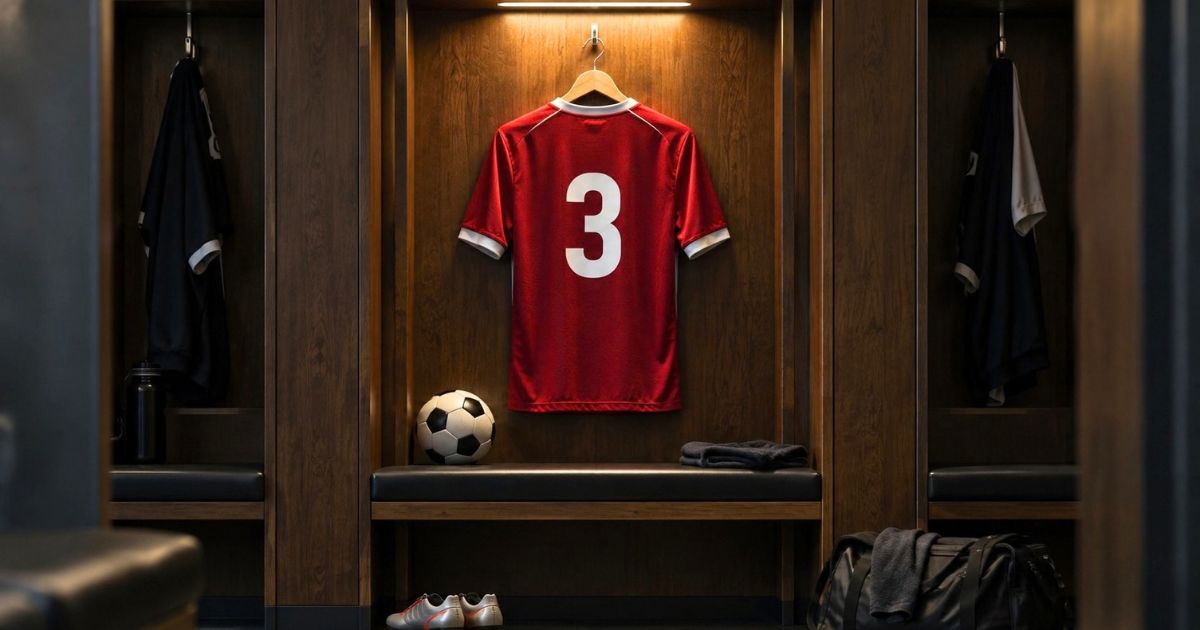 サッカーのロッカールームに掛けられた背番号3の赤いユニフォームとボール、スパイク
