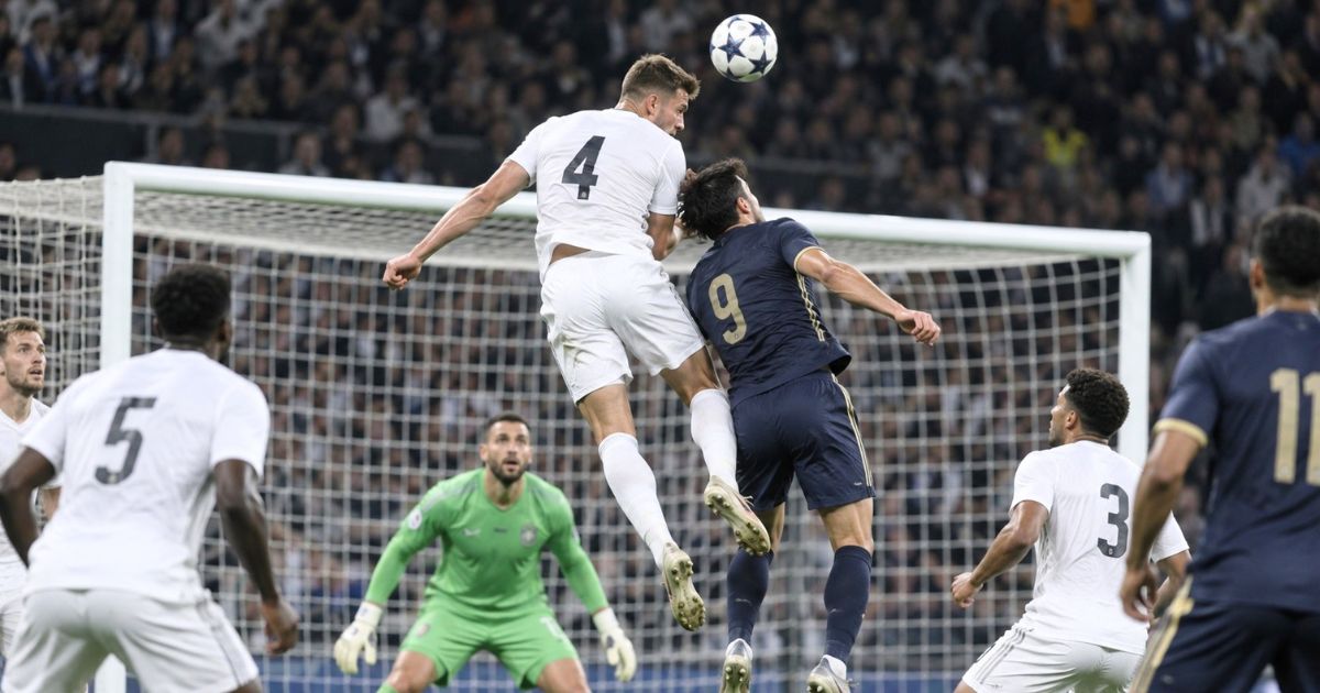 自陣ゴール前で相手FWと空中戦を競り合うサッカー背番号4のセンターバック