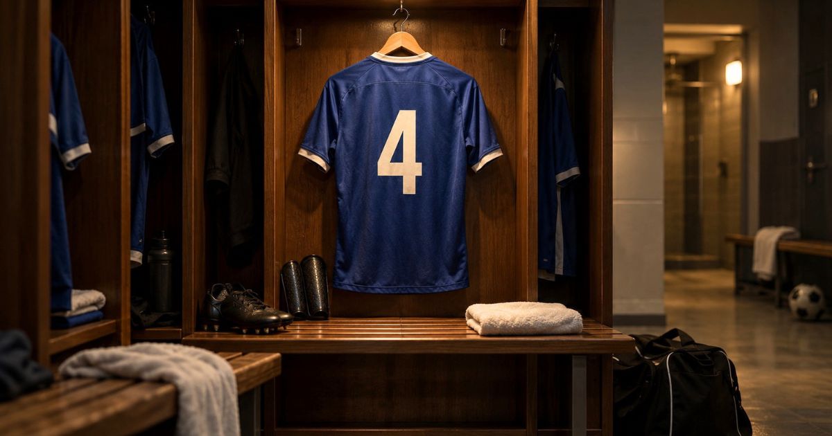 クラブハウスのロッカールームに掛けられたサッカー背番号4のユニフォーム