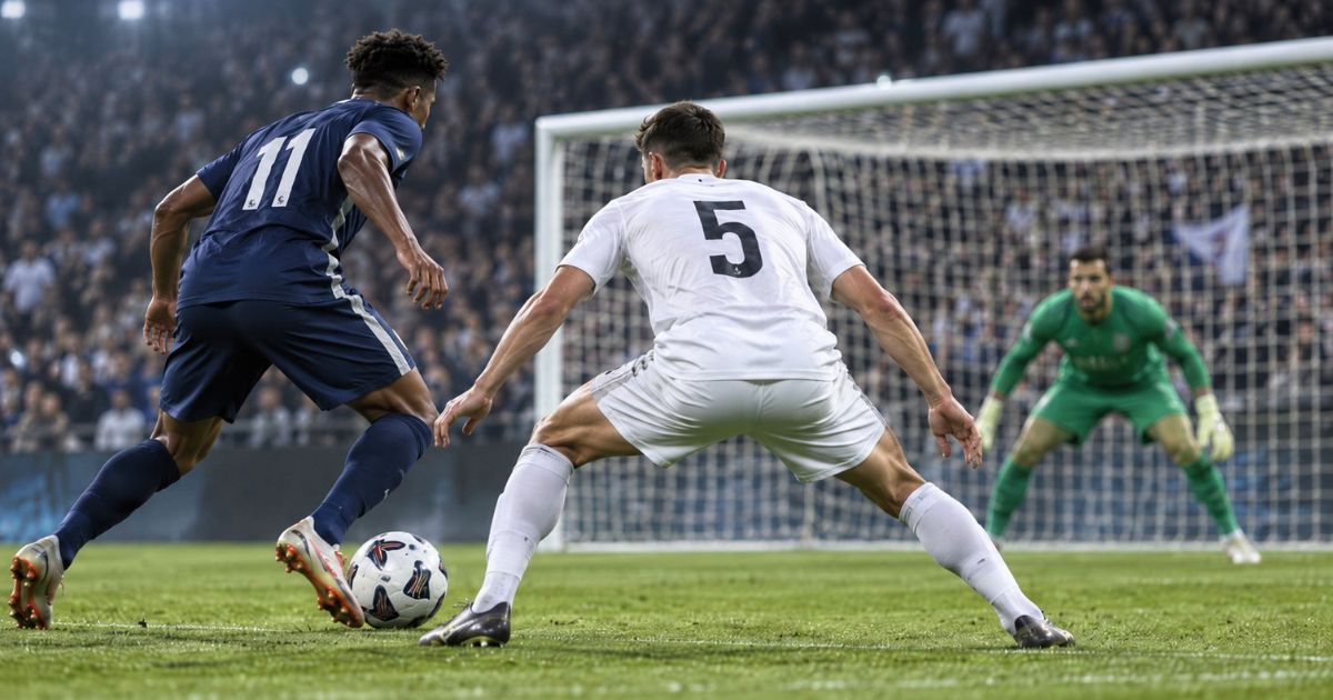 ゴール前で背番号11の相手選手を守るサッカー背番号5のDFとゴールキーパー