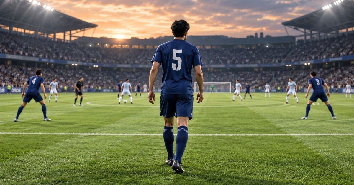 サッカーの試合で背番号5の選手が守備と中盤の中央に立つスタジアム風景