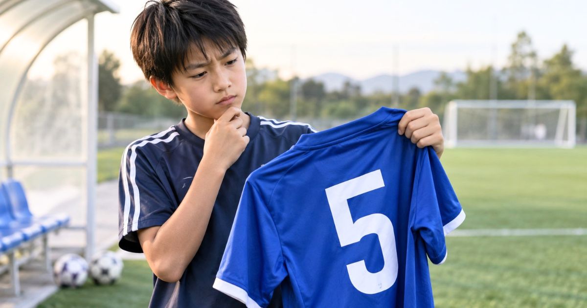 サッカーの背番号5のユニフォームを手に持ち意味を考える少年