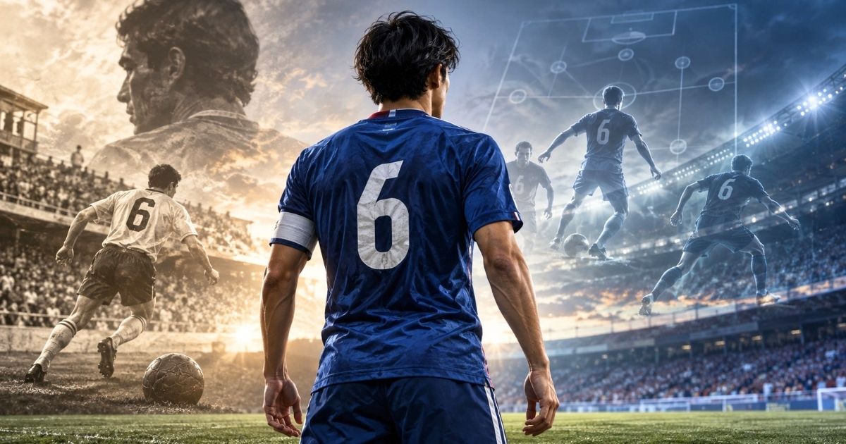 背番号6のサッカー選手を中心に、歴史的な6番のイメージと現代の戦術的な役割を重ねて表現したビジュアル