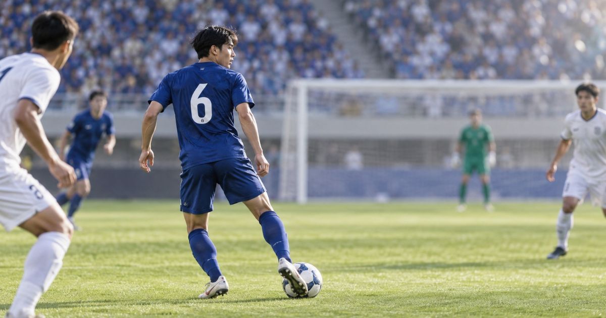 背番号6の青いユニフォームを着たサッカー選手が、試合中にボールをコントロールして周囲を見渡す場面