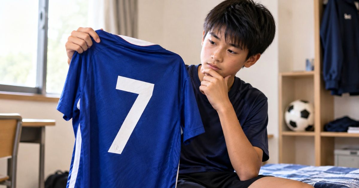 背番号7のサッカーユニフォームを広げて意味を考える日本人のサッカー少年