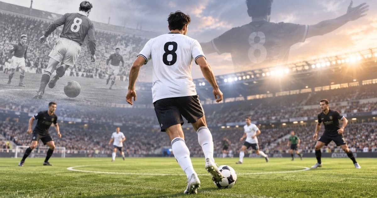 背番号8を着けたサッカー選手が中盤でボールを運ぶ姿と、背番号8の歴史を表現したスタジアムのイメージ