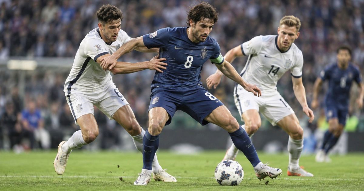 中盤でボールをキープしながら競り合う背番号8のサッカー選手のイメージ