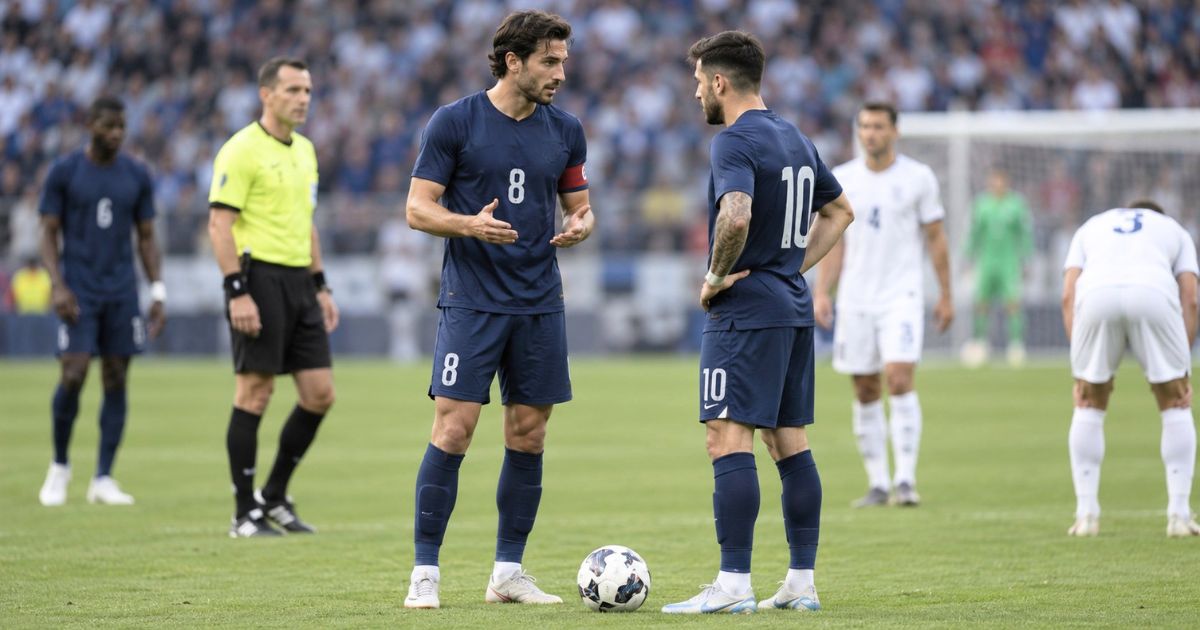 試合が止まった場面で、ボールを足元に背番号10の選手と話す背番号8のサッカー選手