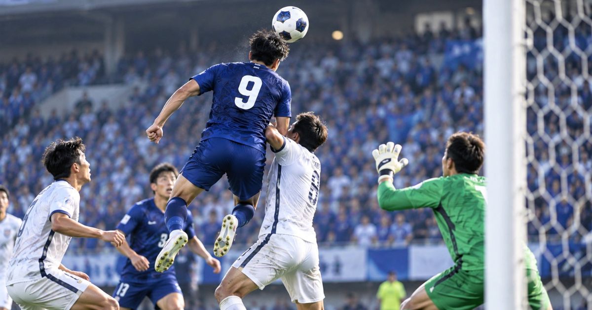 相手ゴール前で空中戦を競り合う背番号9のサッカー選手