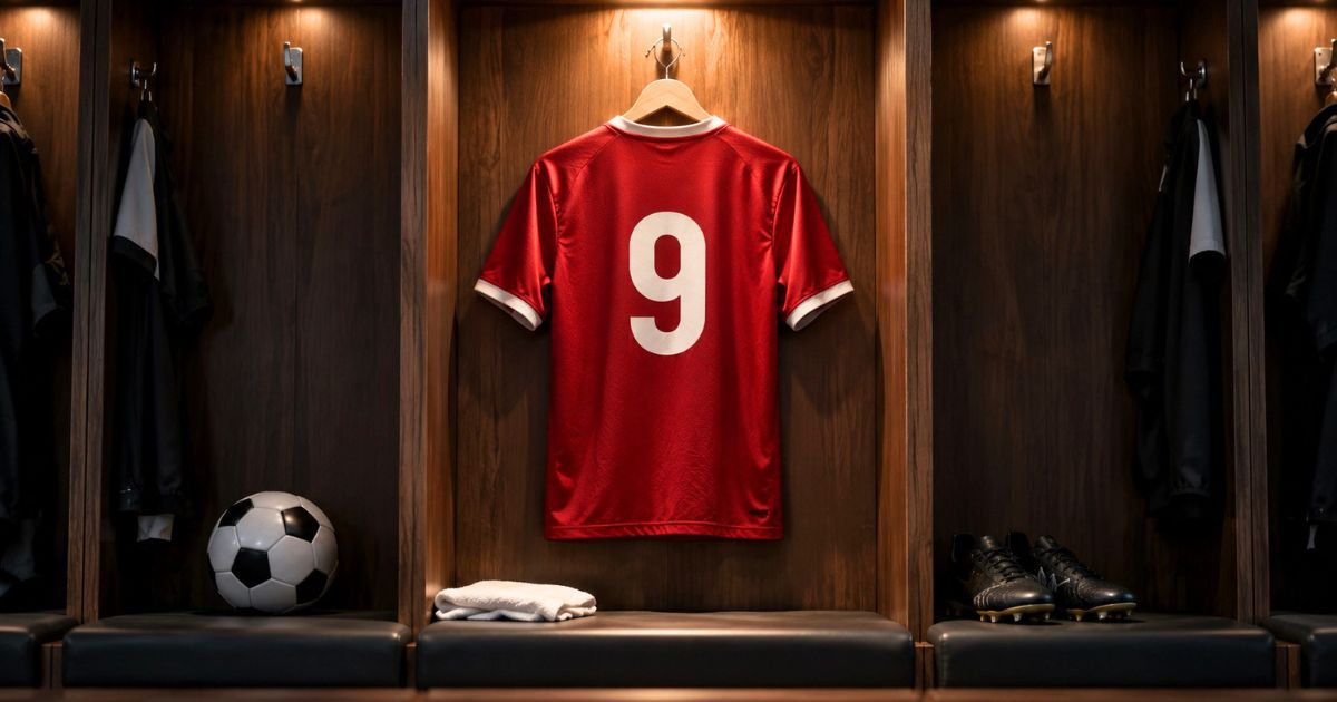 ロッカールームに掛けられたサッカー背番号9のユニフォーム
