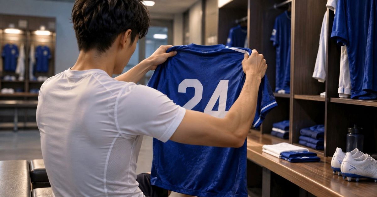 ロッカールームでアンダーシャツ姿の選手が、背番号24の青いユニフォームを手にして着る直前の様子