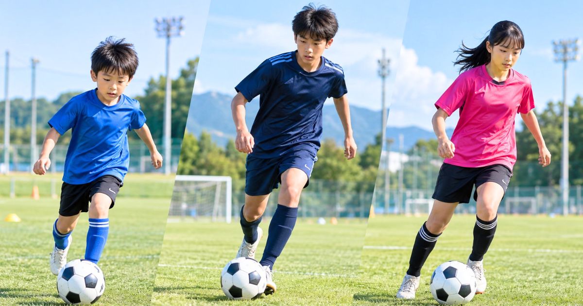 芝生のサッカーグラウンドで、小学生・中学生・女子の育成年代選手がそれぞれボールを使ってプレーする様子
