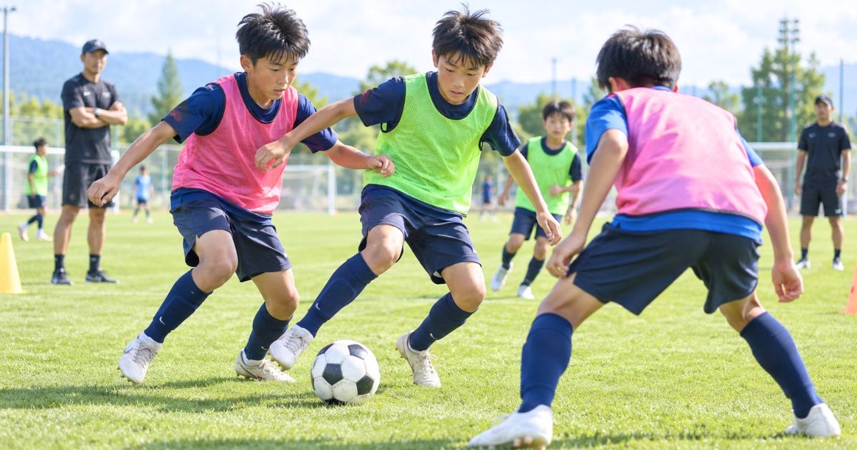 トレセンの練習で、コーチが見守る中、育成年代の選手たちがボールを激しく競り合う様子