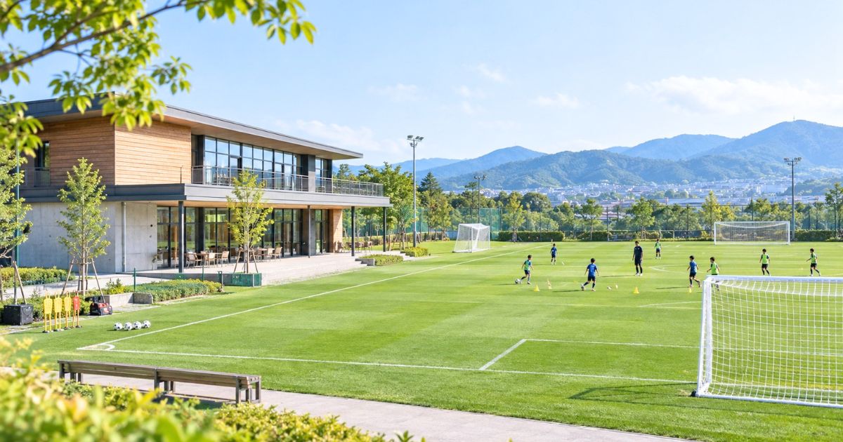 サッカーのトレセンをイメージしたクラブハウスと、少年選手が練習する整備された芝生グラウンド