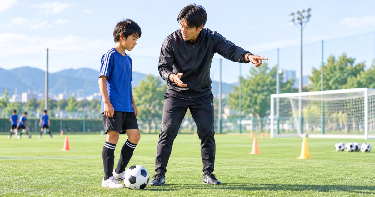 芝生のサッカーグラウンドで、コーチが少年選手にマンツーマンで動き方を指導するトレセン練習の様子