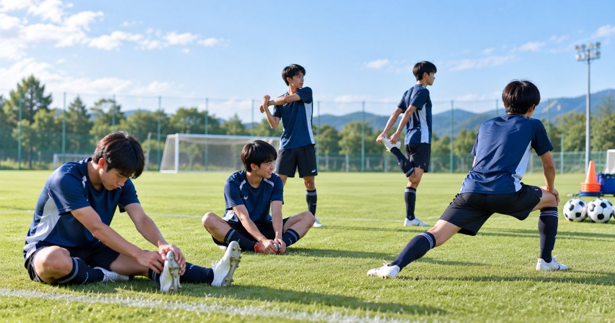 整備された芝生のサッカーグラウンドで、トレセン選手たちが練習前にリラックスしてストレッチをする様子