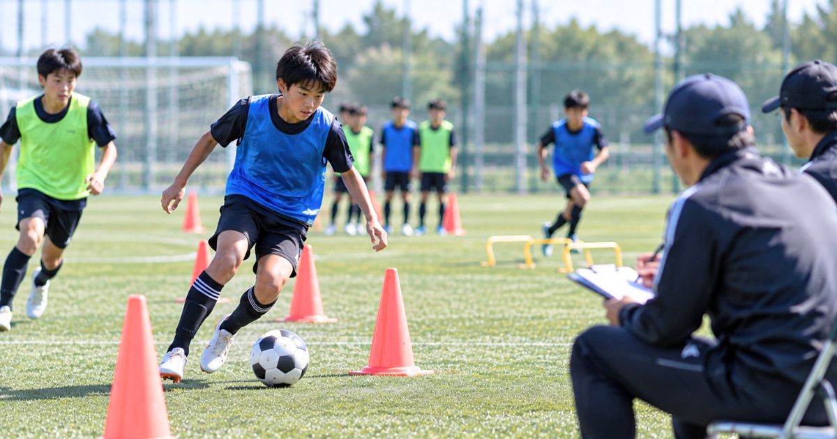 トレセンの選考会で、少年選手がコーンを使ったドリブルに取り組み、スタッフがプレーを確認する様子