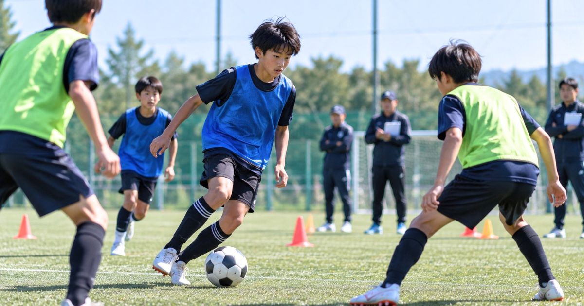 トレセンのセレクションで、ビブスを着た少年選手たちがプレーし、スタッフが選考の様子を見守る場面