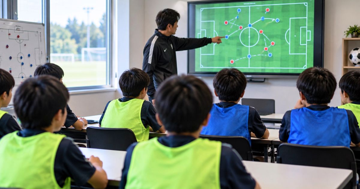 クラブハウスのミーティングルームで、トレセン選手たちがスクリーンを見ながらコーチからサッカー戦術を学ぶ様子