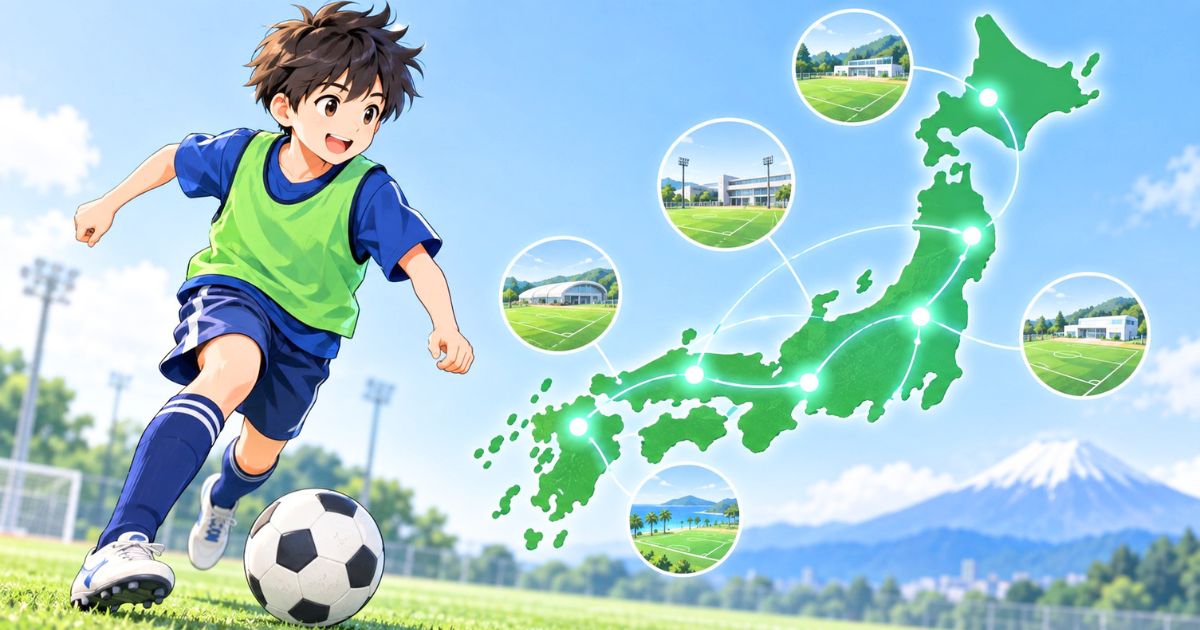日本地図を背景に、各地域のサッカー施設を結ぶイメージと、芝生でプレーするトレセン年代の少年