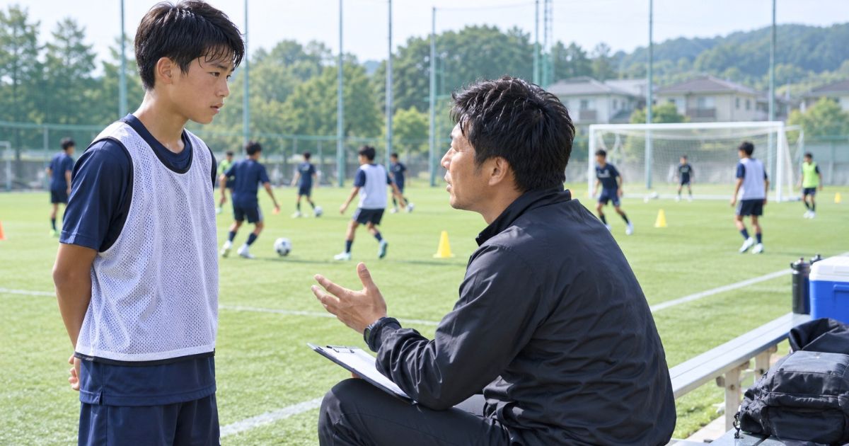 地域クラブの練習グラウンドで、ビブス姿のトレセン候補選手がコーチから指導を受ける様子