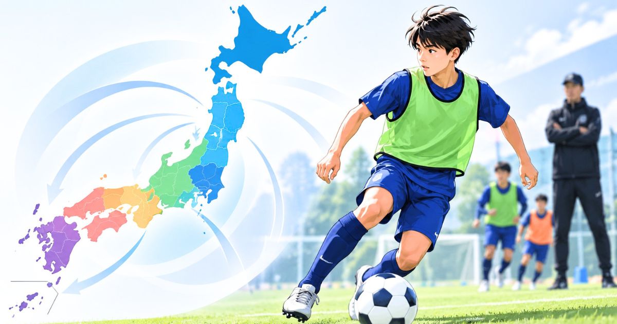 デフォルメした日本地図を背景に、ビブス姿のユース選手がドリブルし、指導スタッフが見守るトレセンのイメージ