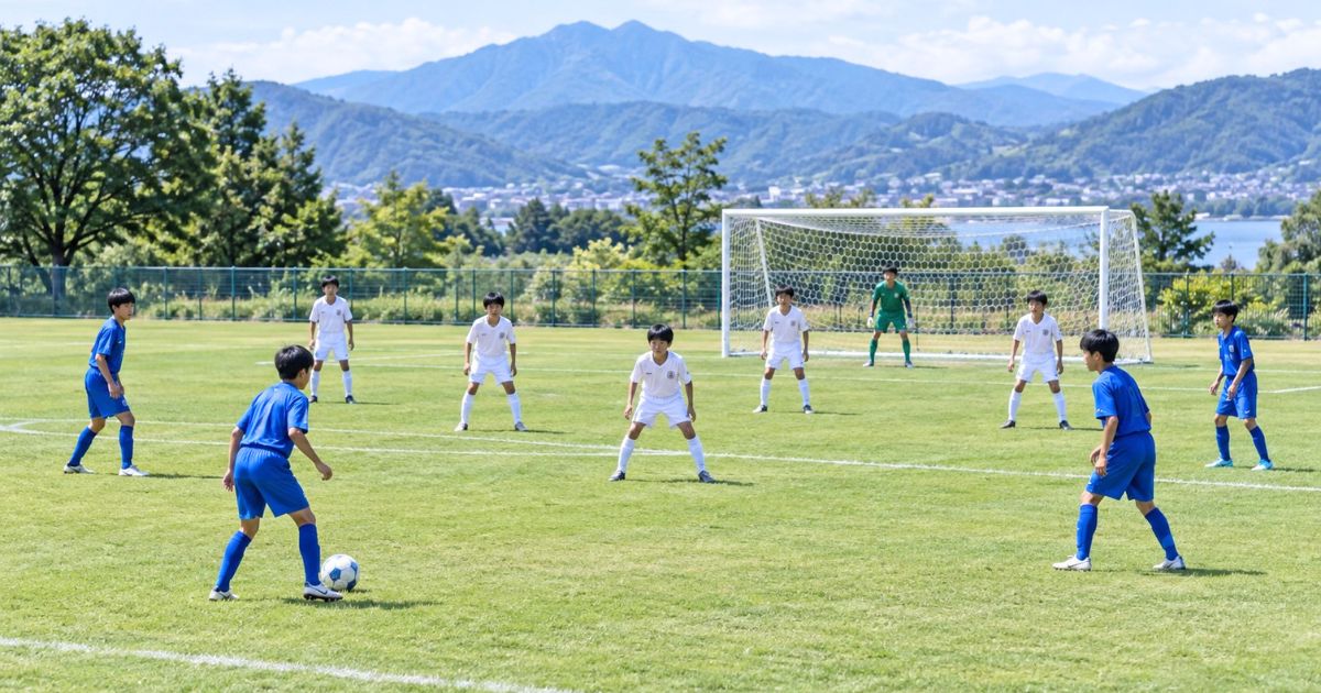U12年代の8人制サッカーで、青いユニフォームの攻撃陣とゴールキーパーを含む白いユニフォームの守備陣が向かい合う試合の場面