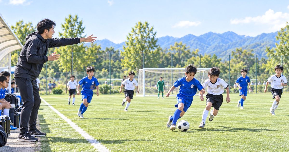 U12年代の8人制サッカーの試合中に、ベンチ前の監督がピッチの選手へ指示を出しているシーン