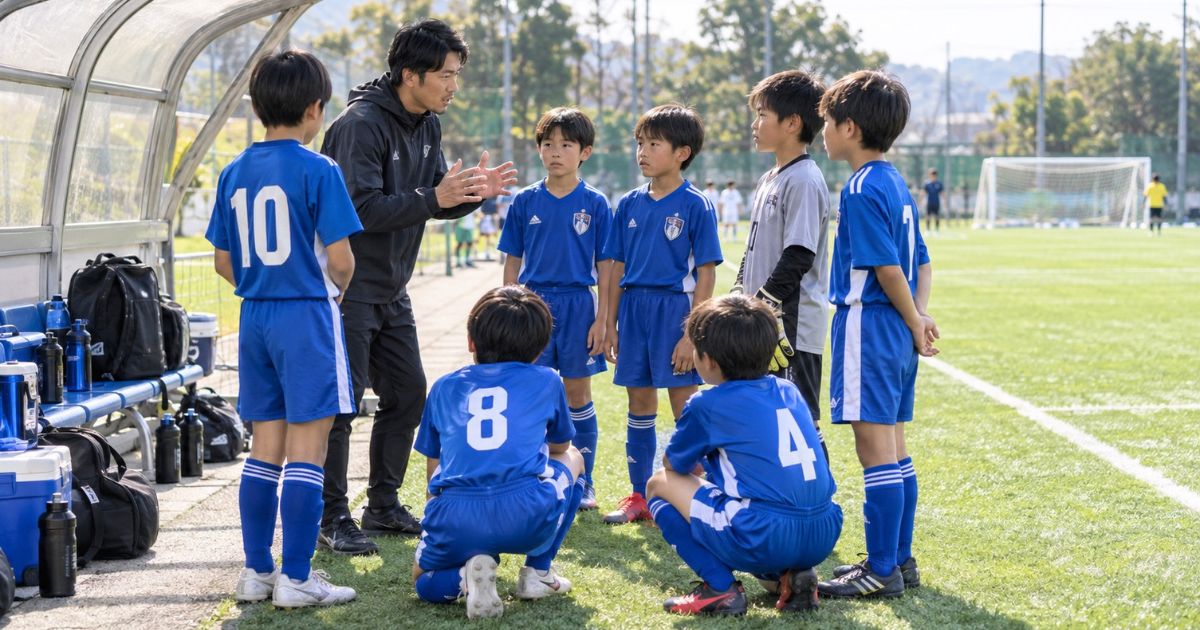 U12年代の8人制サッカーで、試合前にベンチ前でコーチの話を聞く選手たちのミーティング風景