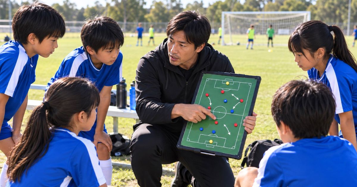 U12年代の8人制サッカーで、コーチが作戦ボードを指しながら日本人選手にフォーメーションを説明する様子