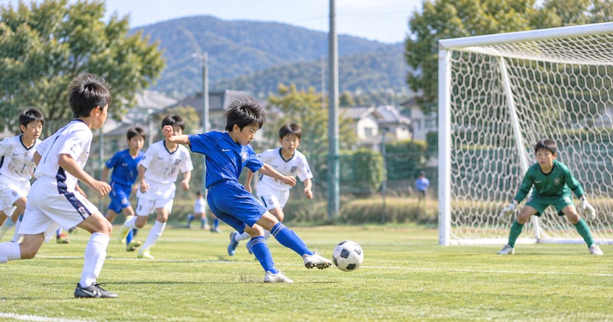 U12年代の8人制サッカーの試合で、青いユニフォームのフォワードがゴール前でシュートを放つシーン