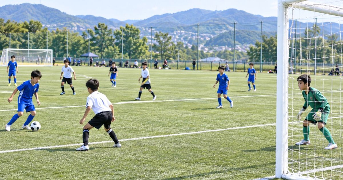 U12年代の8人制サッカーの試合で、ゴール前で構えるゴールキーパーと周囲でプレーする選手たちの様子