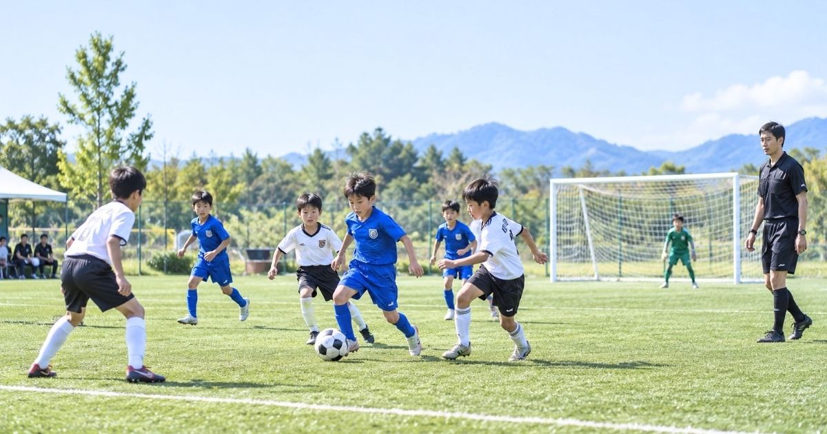 U12年代の8人制サッカーの試合で、子どもたちがボールを奪い合い、審判とゴールも写っているプレーシーン