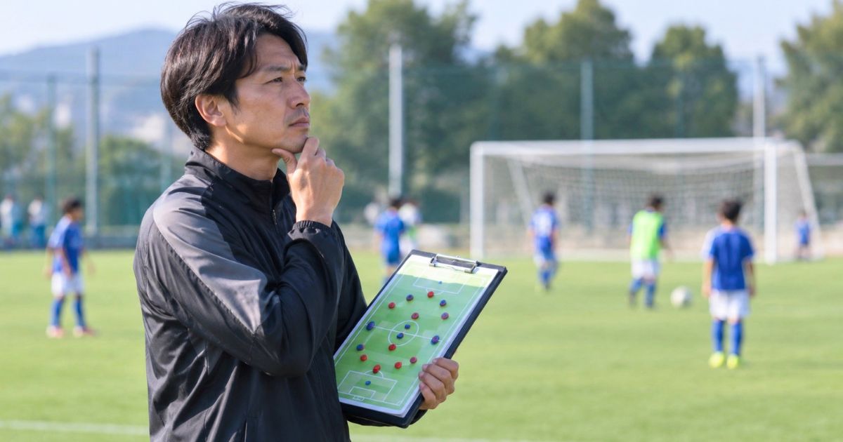 U12年代の8人制サッカーで、コーチがグラウンドを見ながら戦術ボードを手にフォーメーションを考えている様子