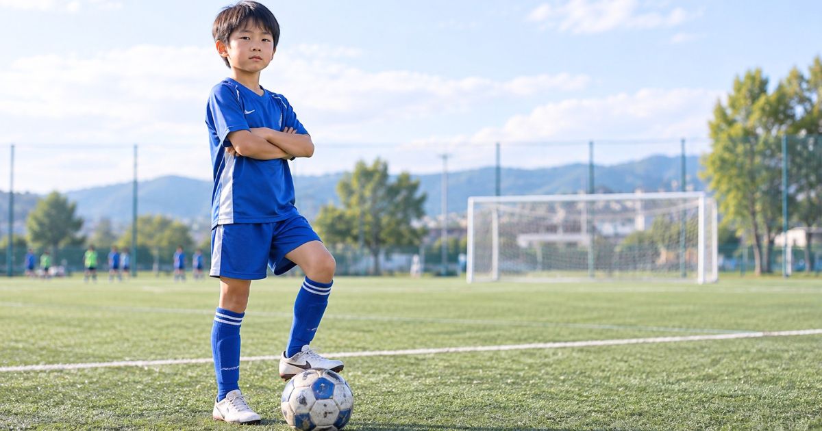 サッカーグラウンドで腕を組み、ボールに片足を乗せて立つU12年代の選手