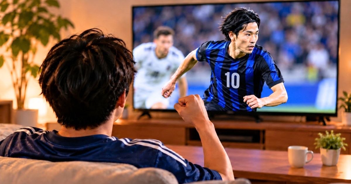 海外サッカークラブのユニフォームを着た日本人選手の試合をテレビで観戦するサッカーファン