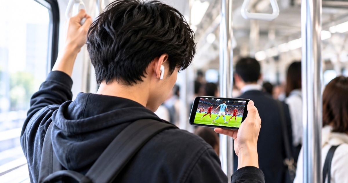 電車内でイヤホンを付け、スマホで海外サッカーの試合を視聴するサッカーファン