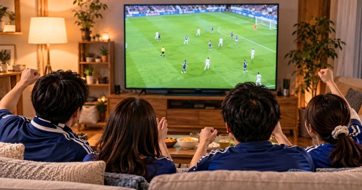 リビングの大型テレビで海外サッカーの試合を観戦する日本人サッカーファンの後ろ姿