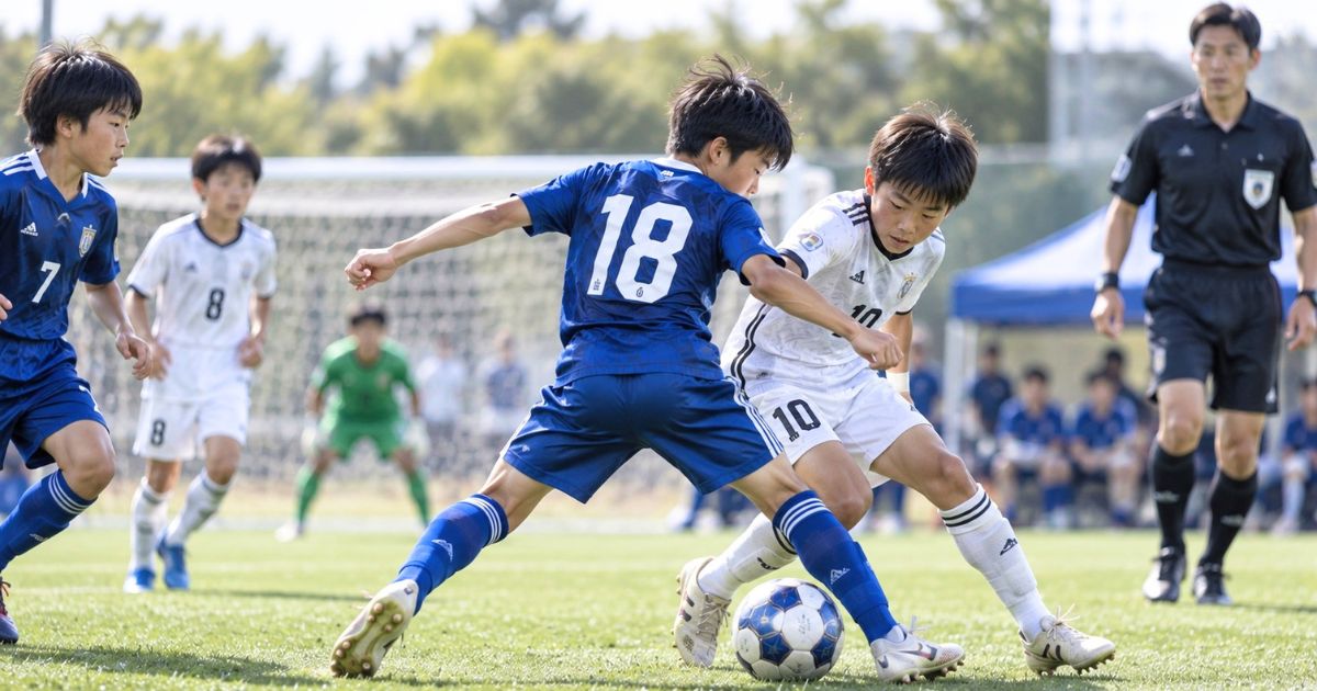 少年サッカーの試合で、審判が見守る中、背番号18の日本人選手が相手選手とボールを競り合う場面