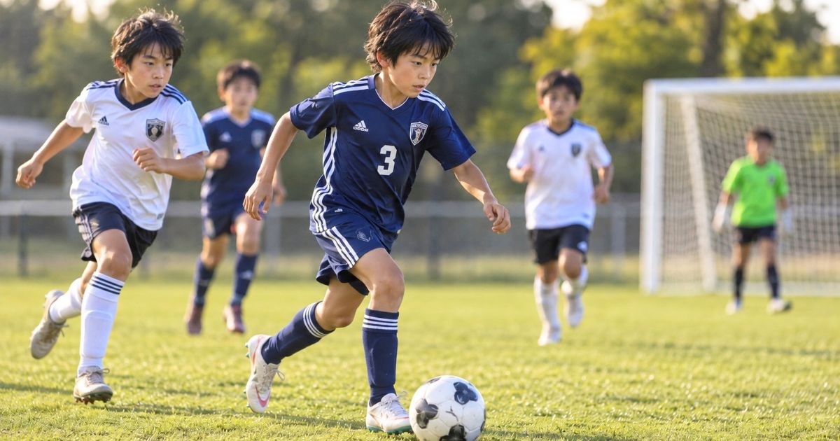 少年サッカーの試合で背番号3の選手がドリブルし、相手選手が追いかけるプレーシーン