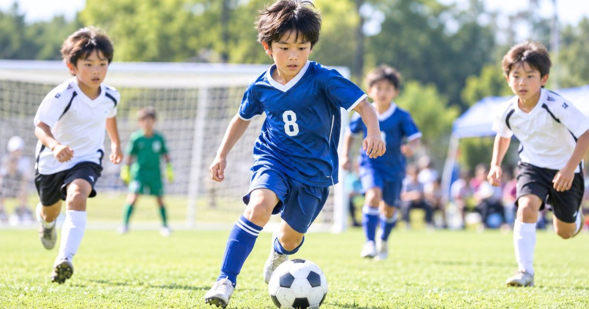少年サッカーの試合で、背番号8の選手が相手をかわしながらドリブルする場面