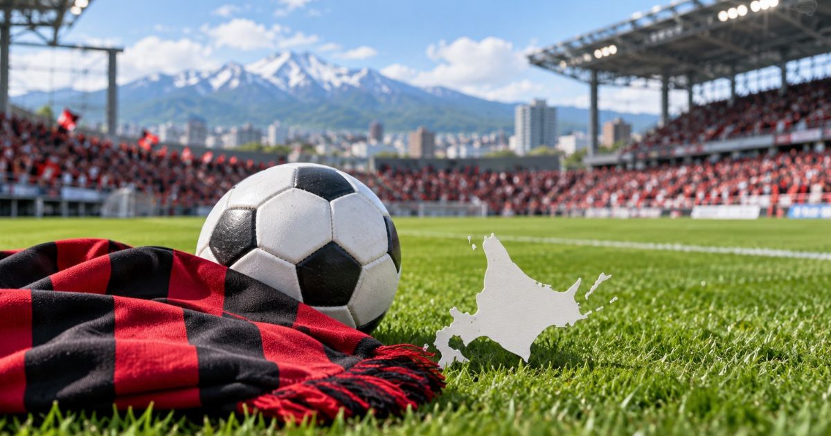 北海道コンサドーレ札幌をイメージしたサッカースタジアム。芝生の上に赤黒のマフラー、サッカーボール、北海道の形をしたオブジェが置かれている。