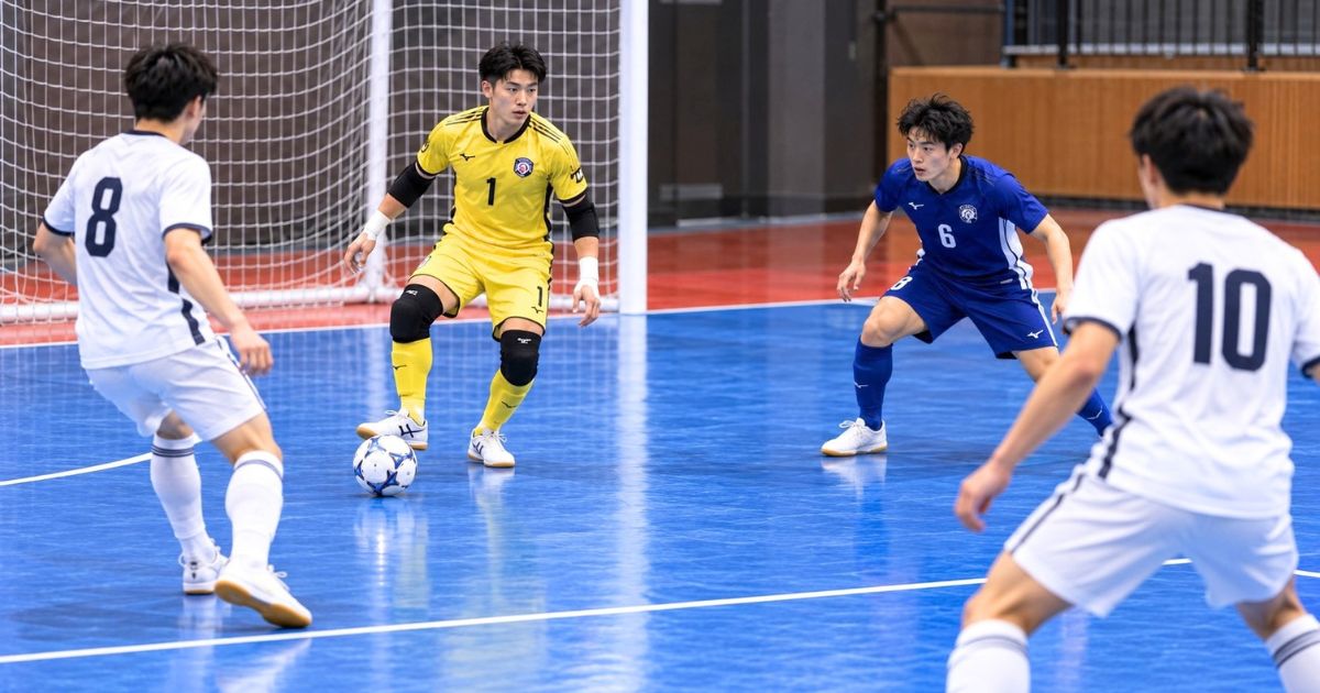フットサルでゴレイロが足元のボールをコントロールし、味方とプレーする場面