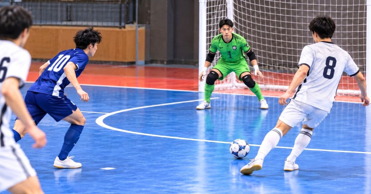 フットサルで味方がゴレイロへバックパスする場面と相手選手のプレッシャー