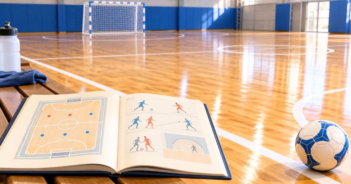 室内フットサルコートに置かれたボールと、基本ルールや動きを図で示したルールブック